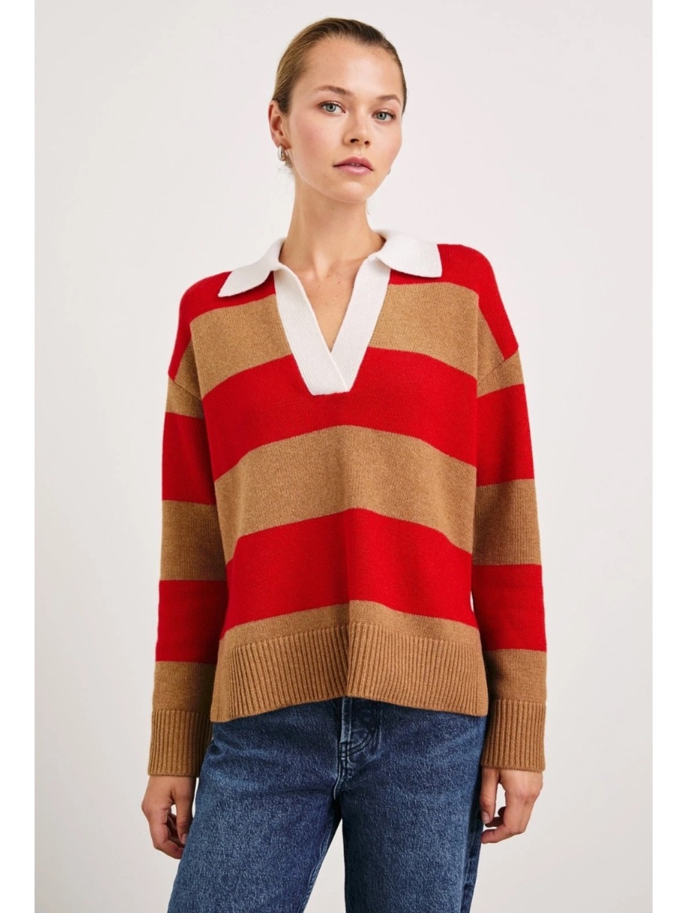 Rails Harris Stripe Cashmere Polo Sweater Cherry Camel women’s size Small